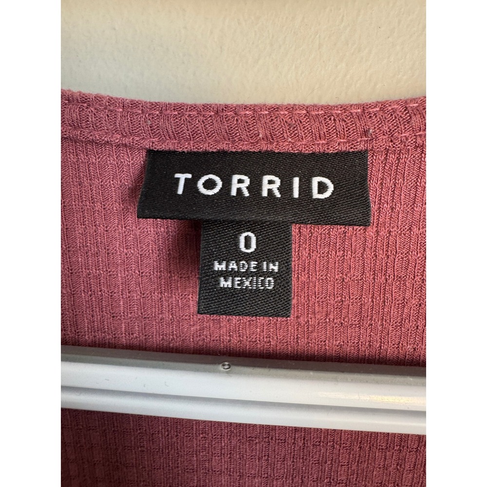 Torrid 0 Faux Wrap Ribbed Knit Peplum Top Puff Sleeve Pink Womens Feminine Boho - Picture 3 of 11